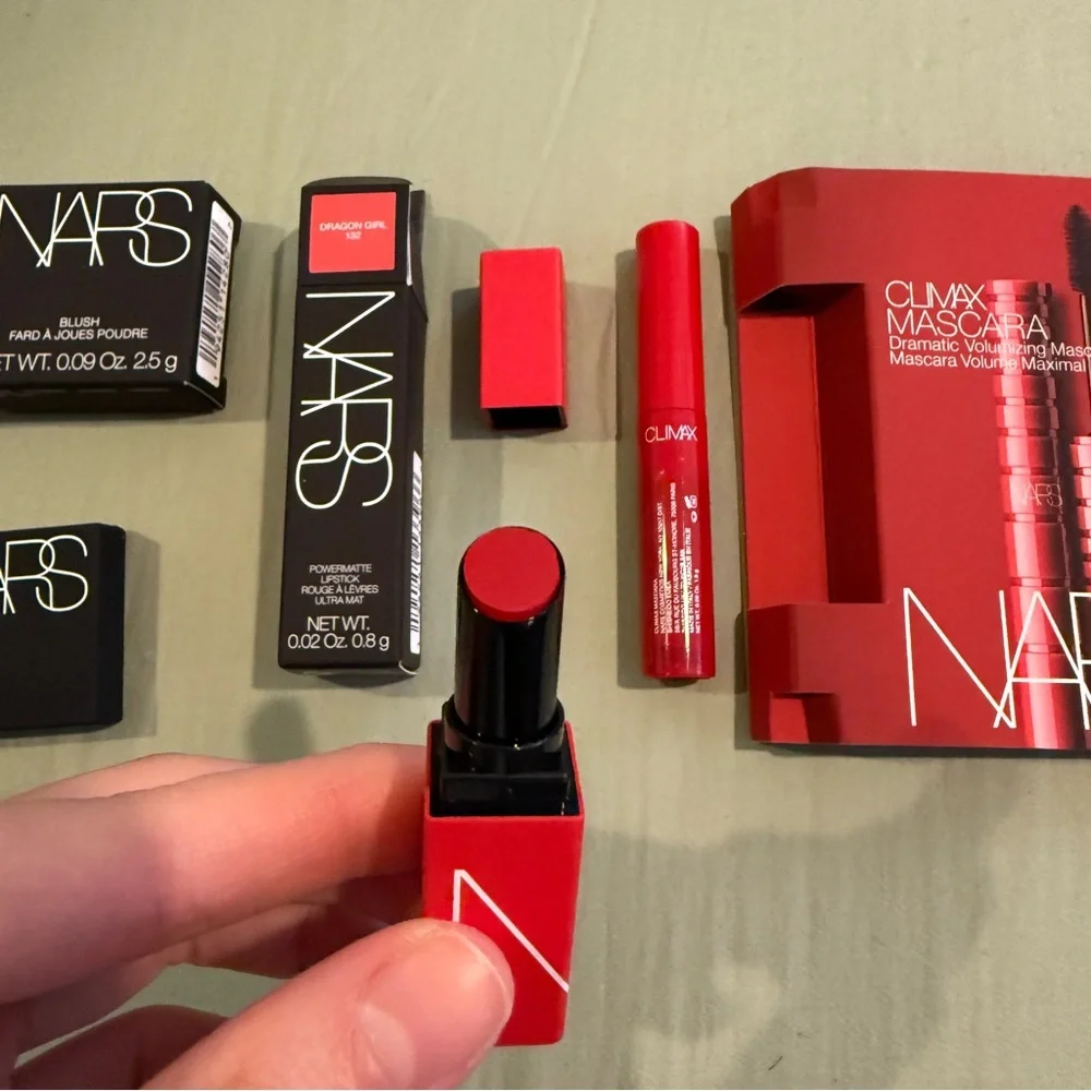 NARS Lipstick, Orgasm Blush, Mascara, Foundation Sample Set w Black Canvas Bag